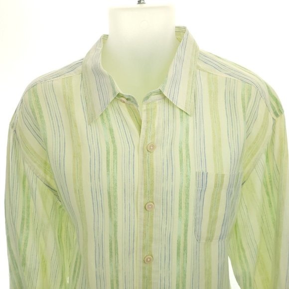 Tommy Bahama Mens XL Linen Shirt L/S Green Yellow Stripe Button Up Beach Wear - Picture 5 of 12